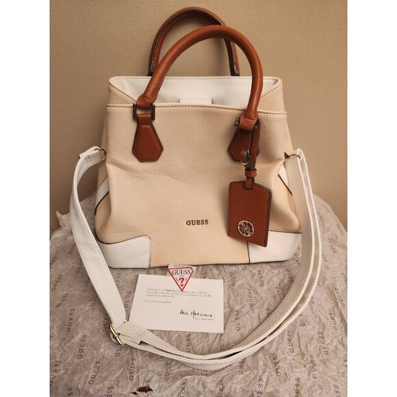 Guess Cream & White Ladies Tote Purse - Picture 1 of 6